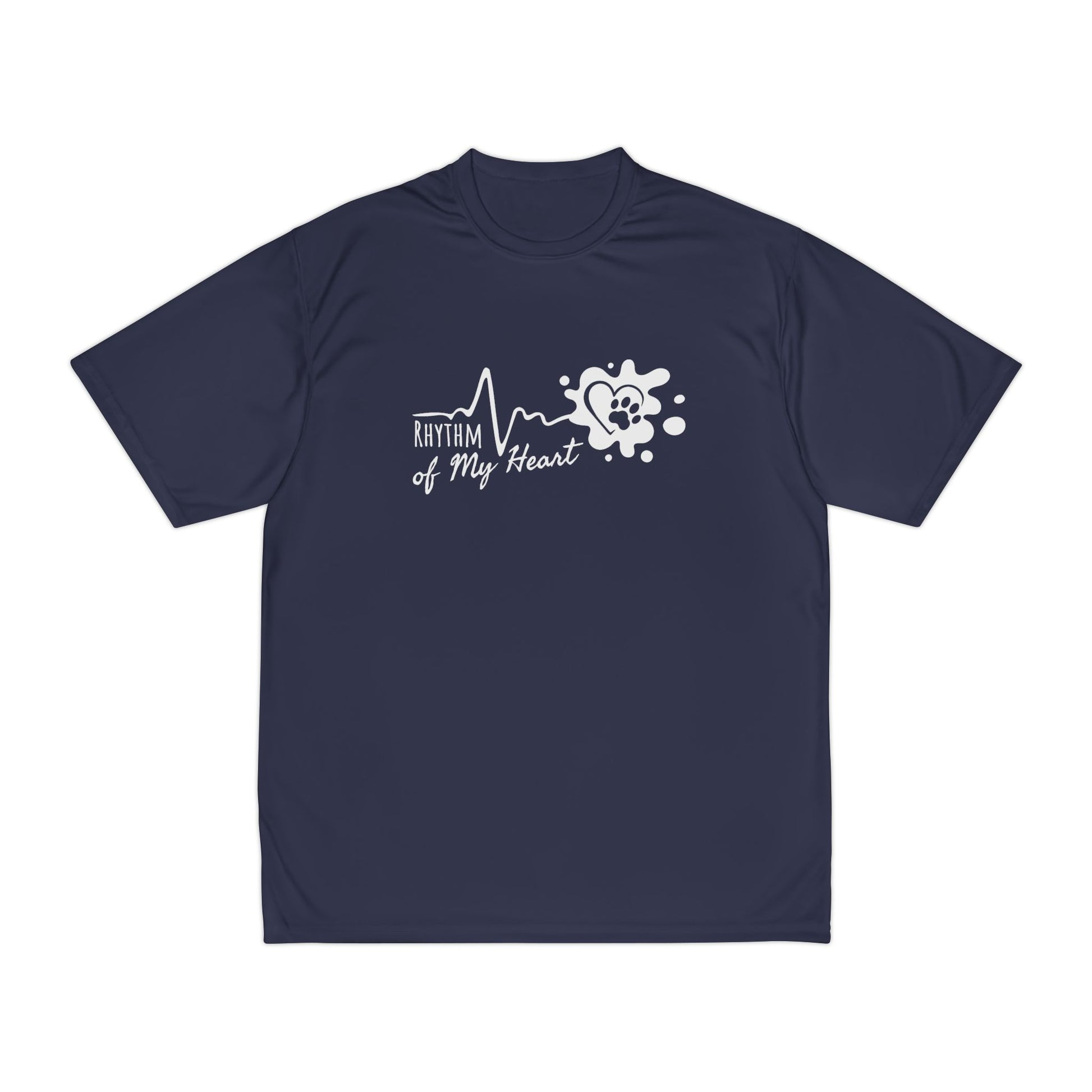 Navy blue t-shirt with 'Rhythm of My Heart' design on a white background