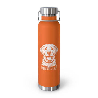 Orange water bottle with a white labrador design and 'Labradors Rule' text on a white background