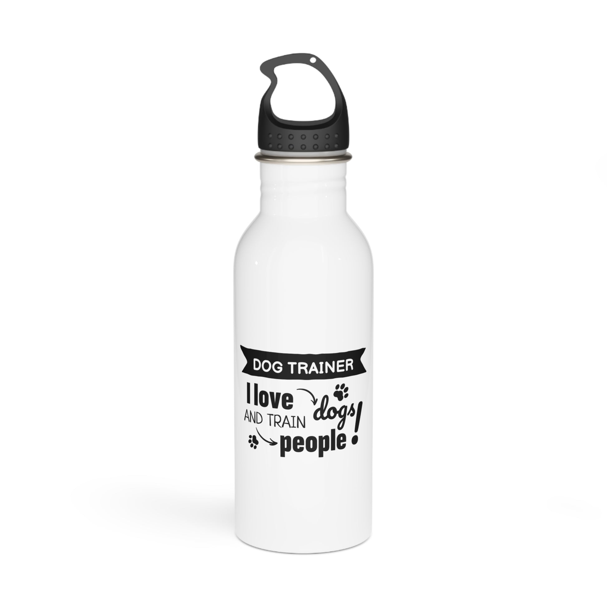 White water bottle with black text and paw print design on a white background