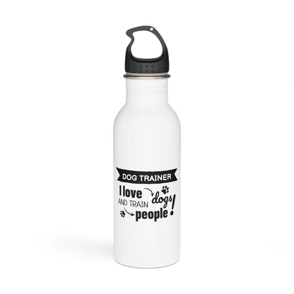 White water bottle with black text and paw print design on a white background