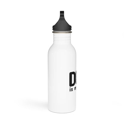 White water bottle with black cap and text on a white background