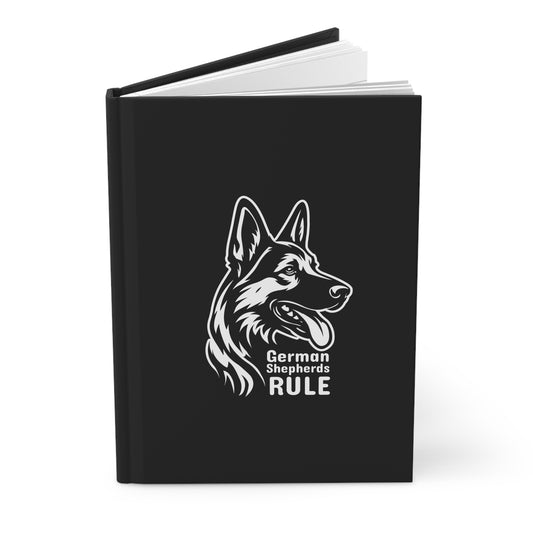 Black notebook with a white German Shepherd design and 'German Shepherds Rule' text on a white background