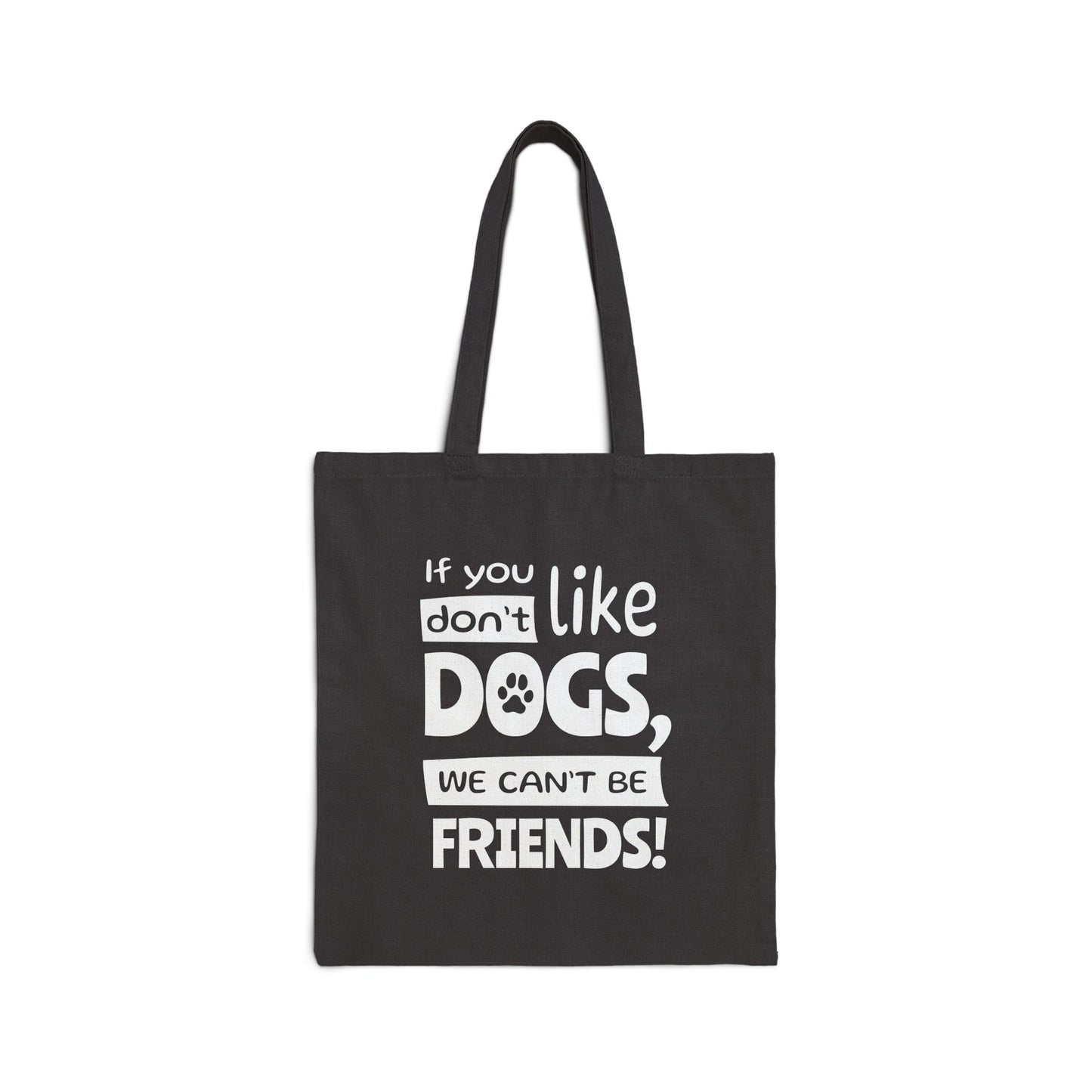 Black tote bag with white text on a white background