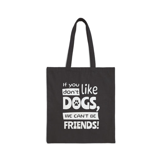 Black tote bag with white text on a white background