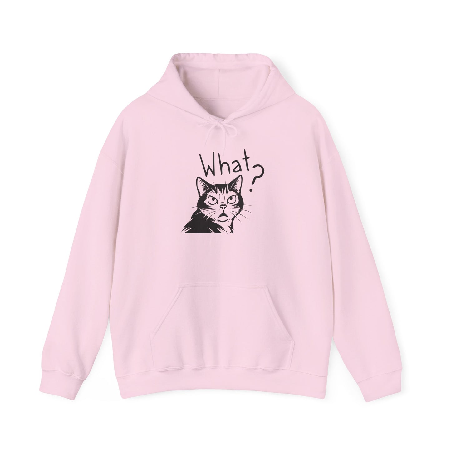 Pink hoodie with a cat graphic and 'What?' text on a white background