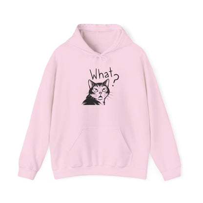 Pink hoodie with a cat graphic and 'What?' text on a white background