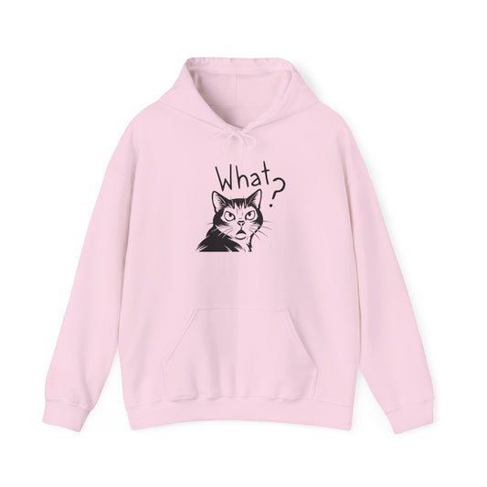 Pink hoodie with a cat graphic and 'What?' text on a white background