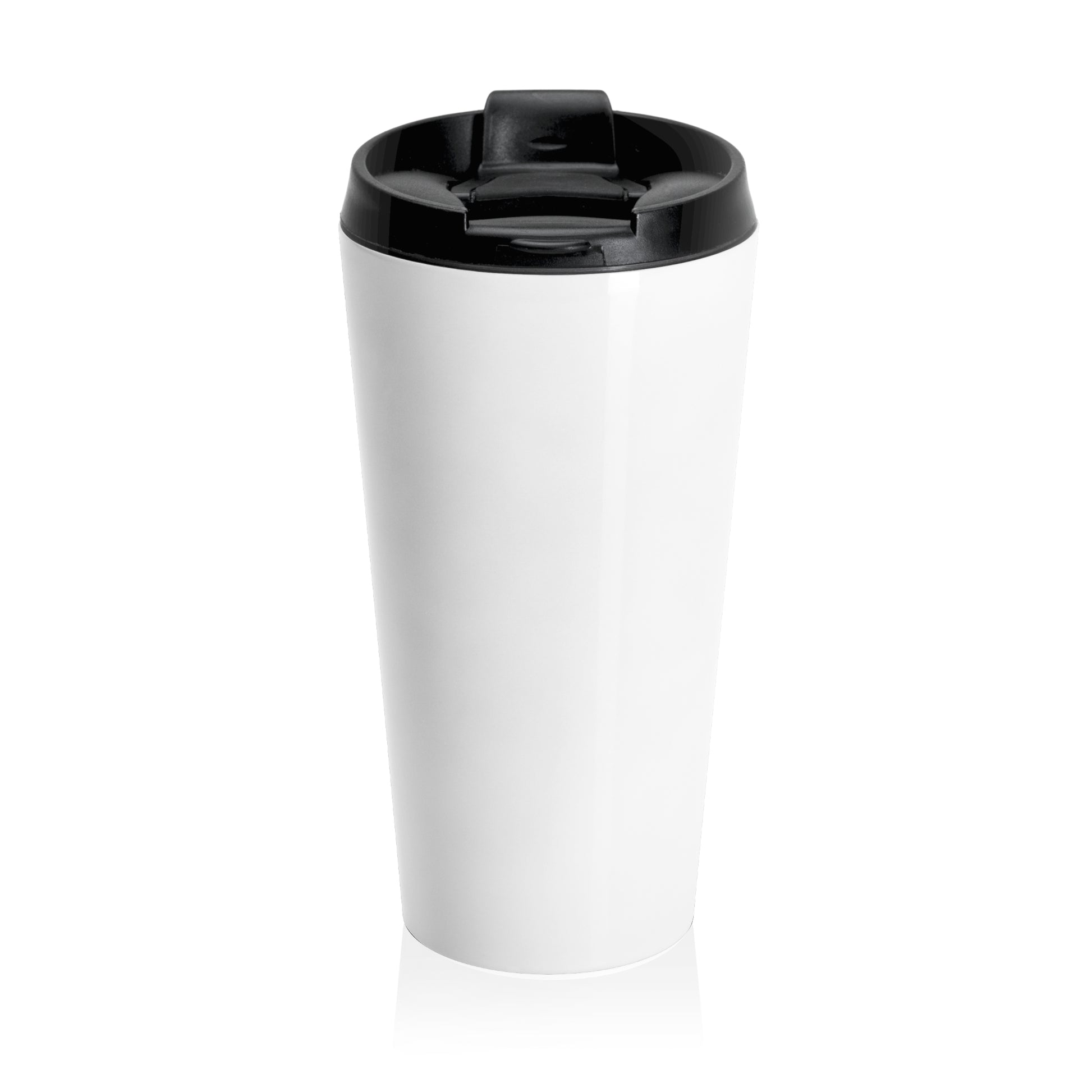 White travel mug with a black lid on a white background