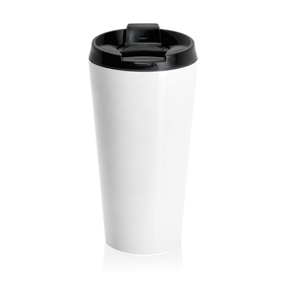 White travel mug with a black lid on a white background