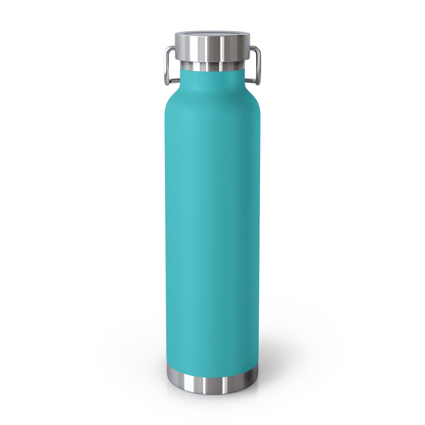 Turquoise water bottle with silver cap on a white background