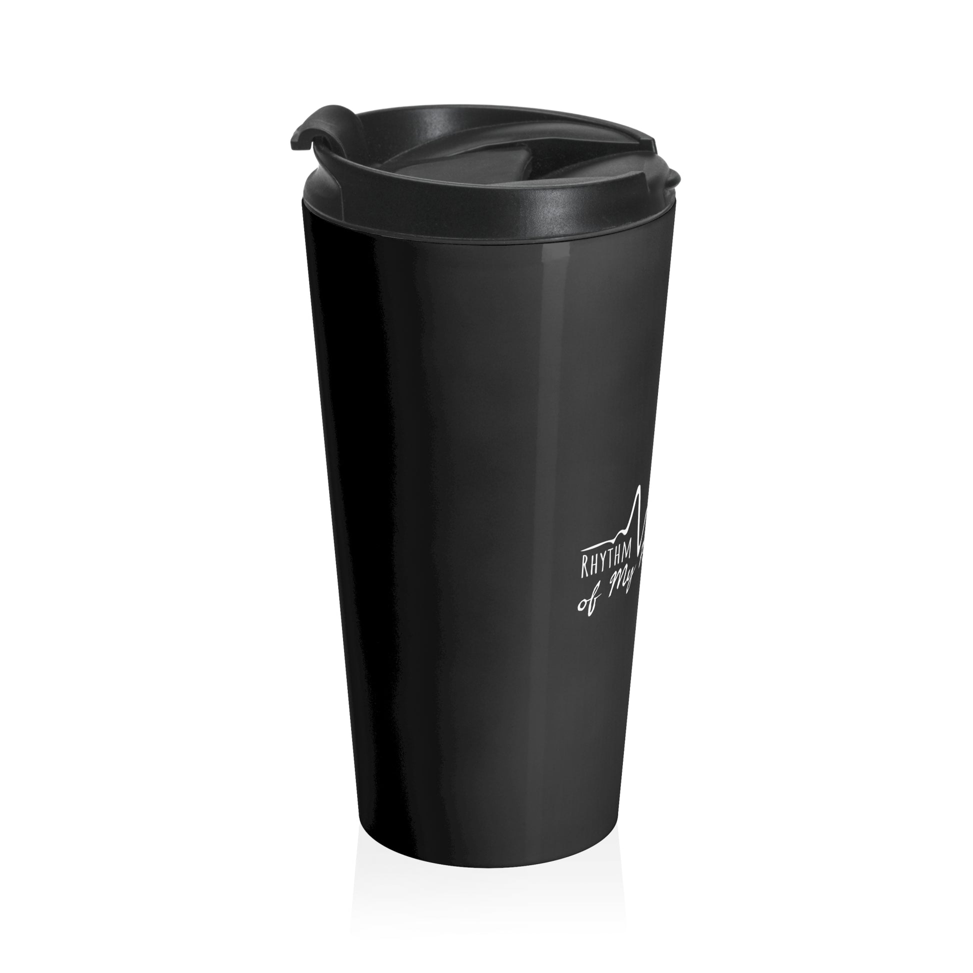 Black travel mug with a logo on a white background