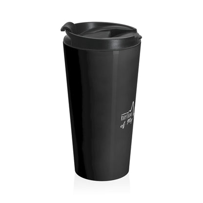 Black travel mug with a logo on a white background