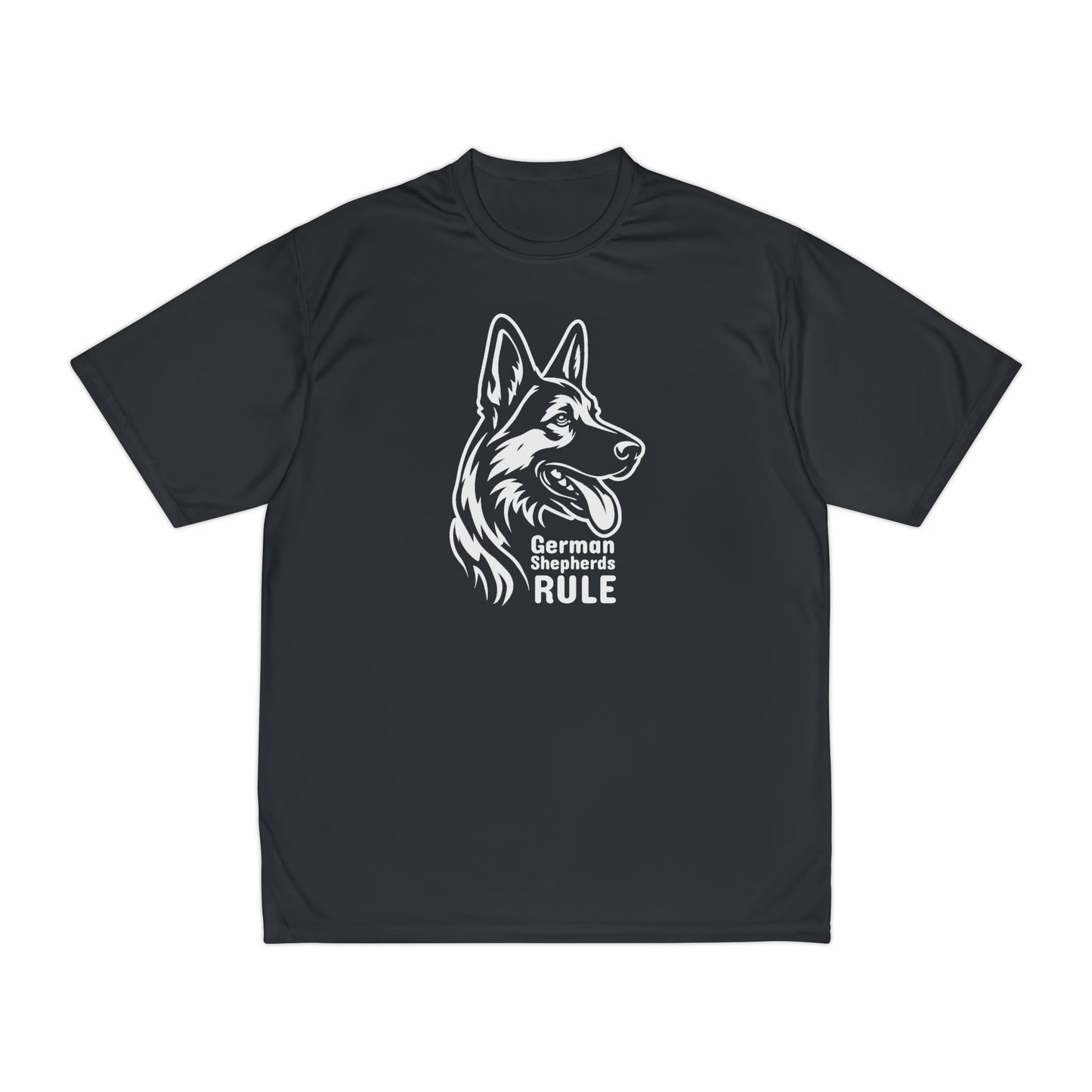 Black t-shirt with a German Shepherd design and 'German Shepherds Rule' text on a white background