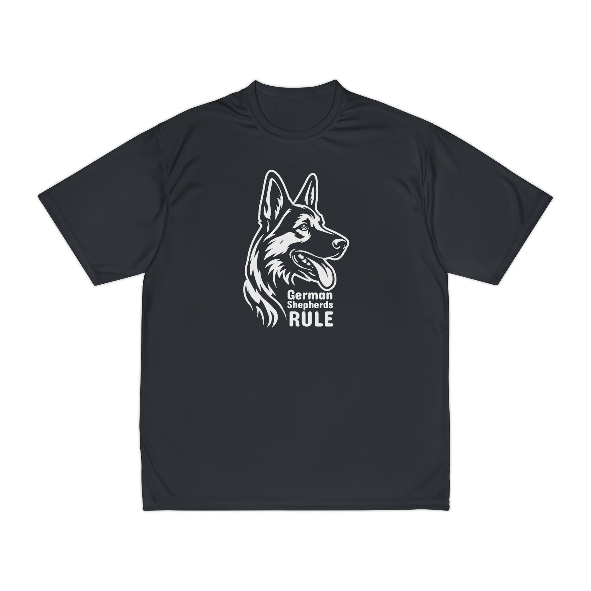 Black t-shirt with a German Shepherd design and 'German Shepherds Rule' text on a white background