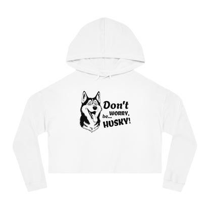 White hoodie with a husky graphic and text on a white background