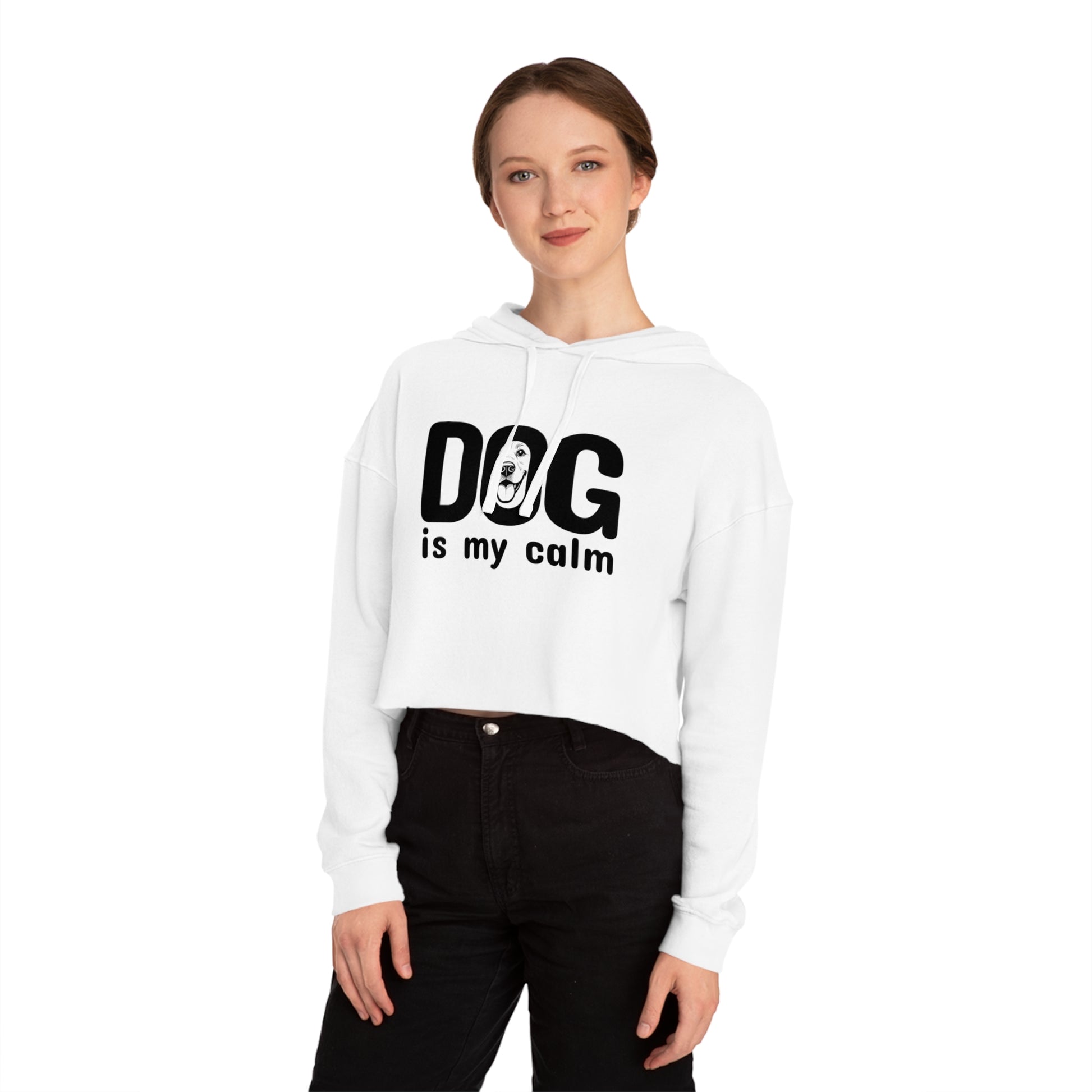 Person wearing a white hoodie with 'DOG is my calm' text on a white background
