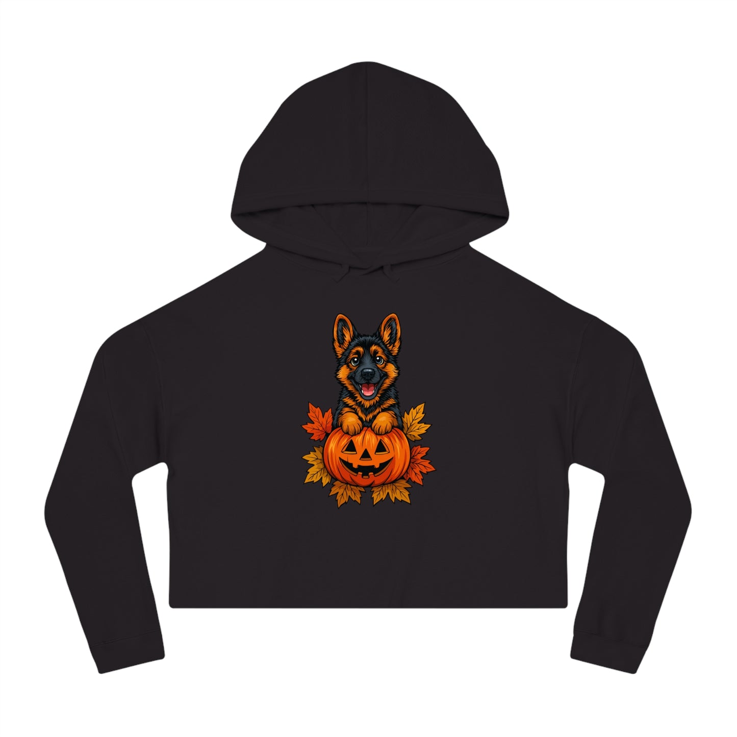 Black hoodie with a Halloween-themed design of a dog in a pumpkin on a white background