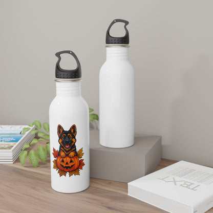 Two white water bottles with black lids, one featuring a dog design on a wooden surface.