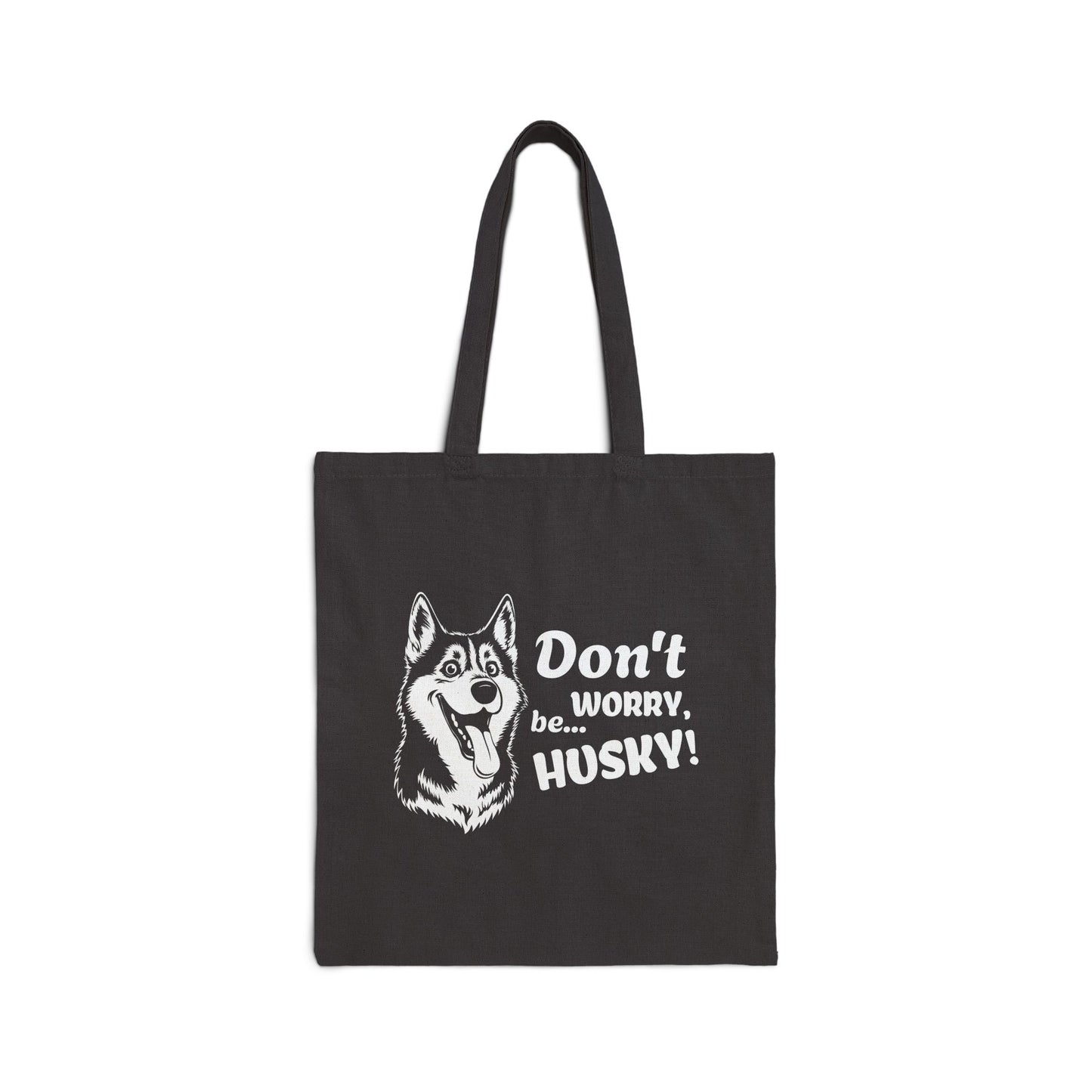 Black tote bag with husky graphic and text on a white background