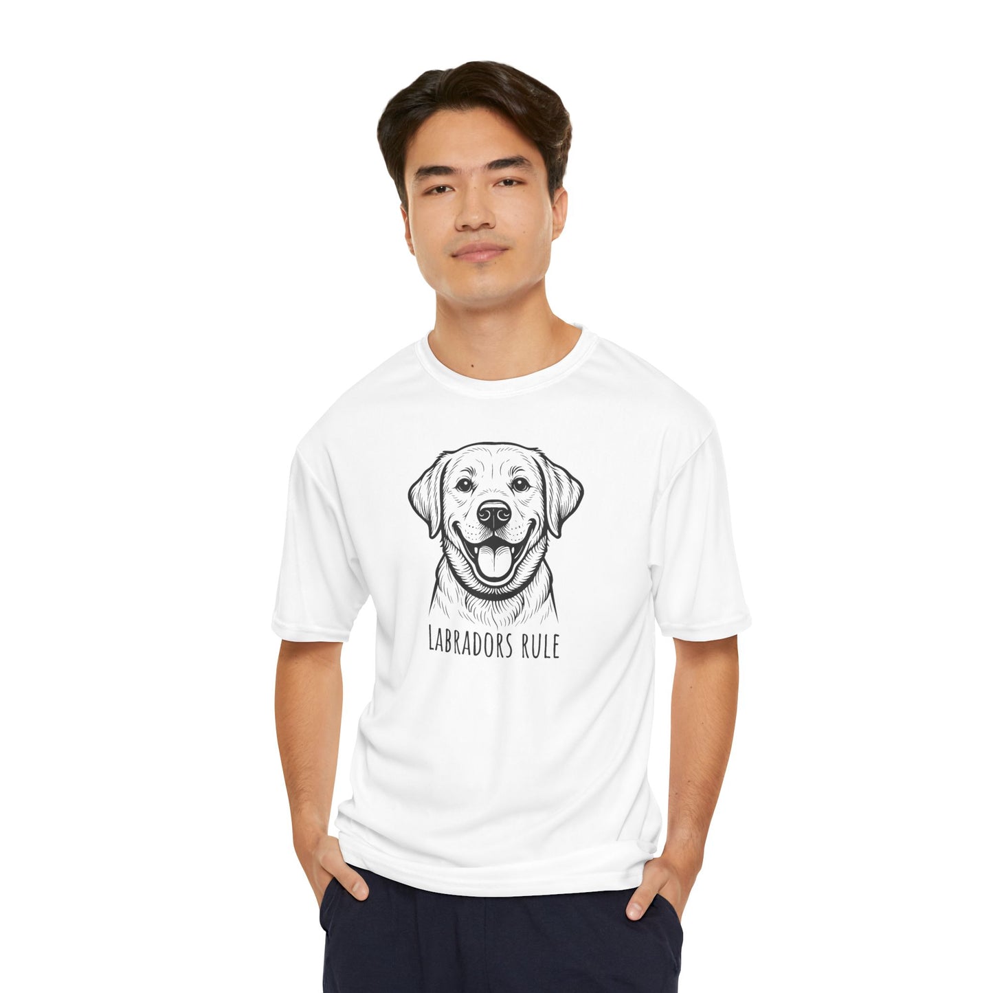 Man wearing a white t-shirt with a Labrador graphic and 'Labradors Rule' text on a white background