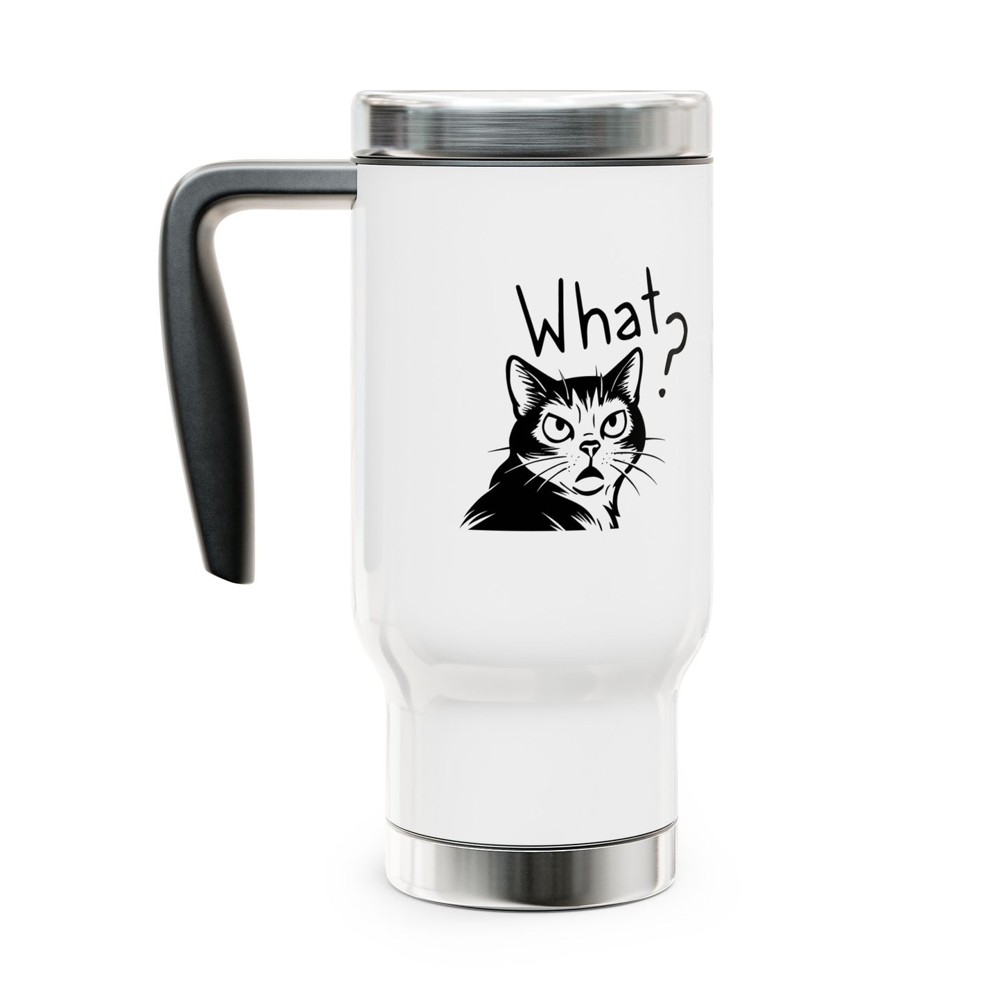 White travel mug with a black cat illustration and 'What?' text on a white background