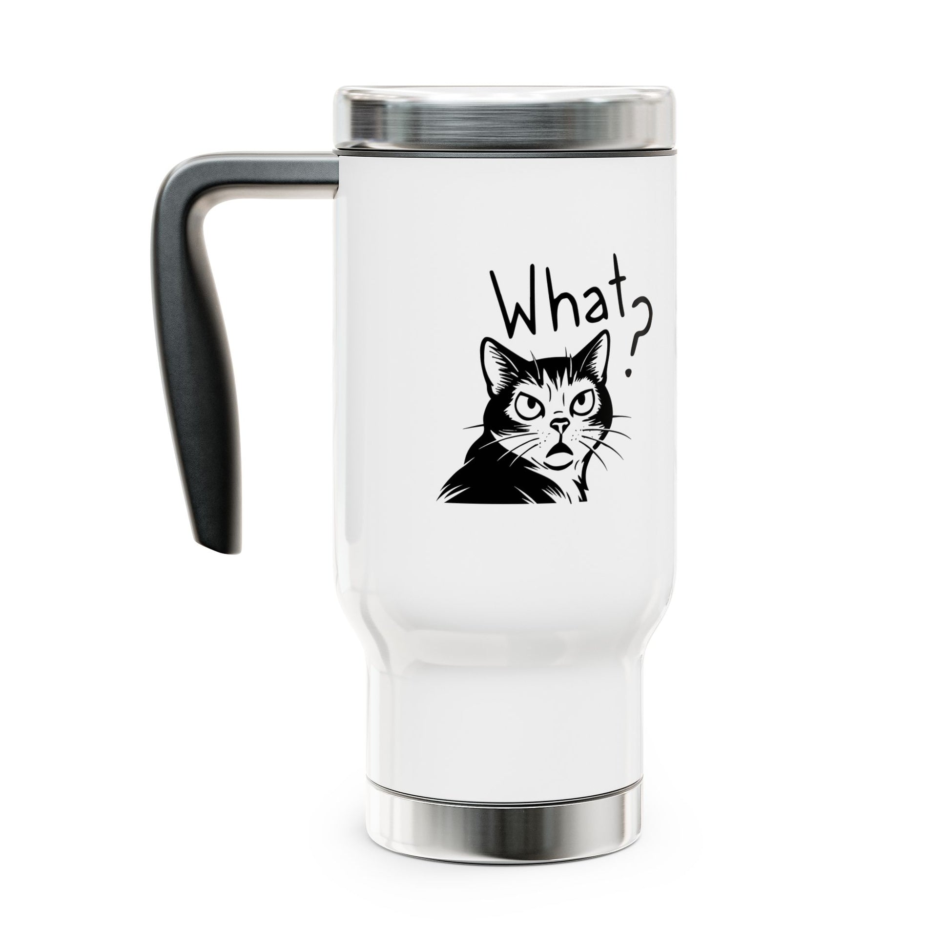 White travel mug with a black cat illustration and 'What?' text on a white background