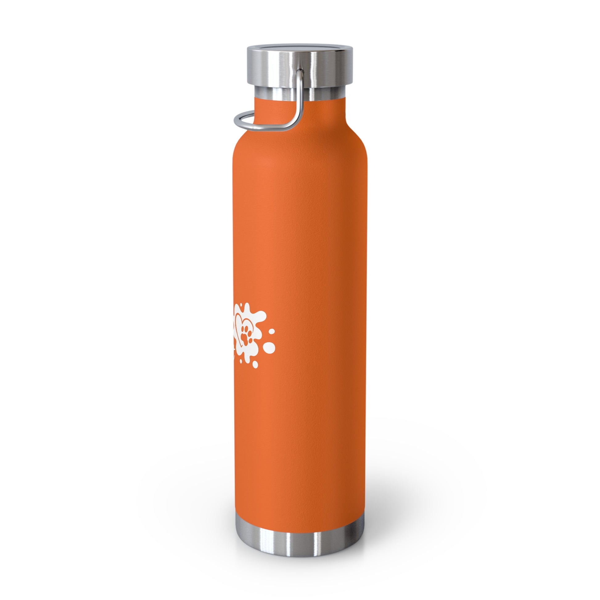 Orange water bottle with silver cap on a white background