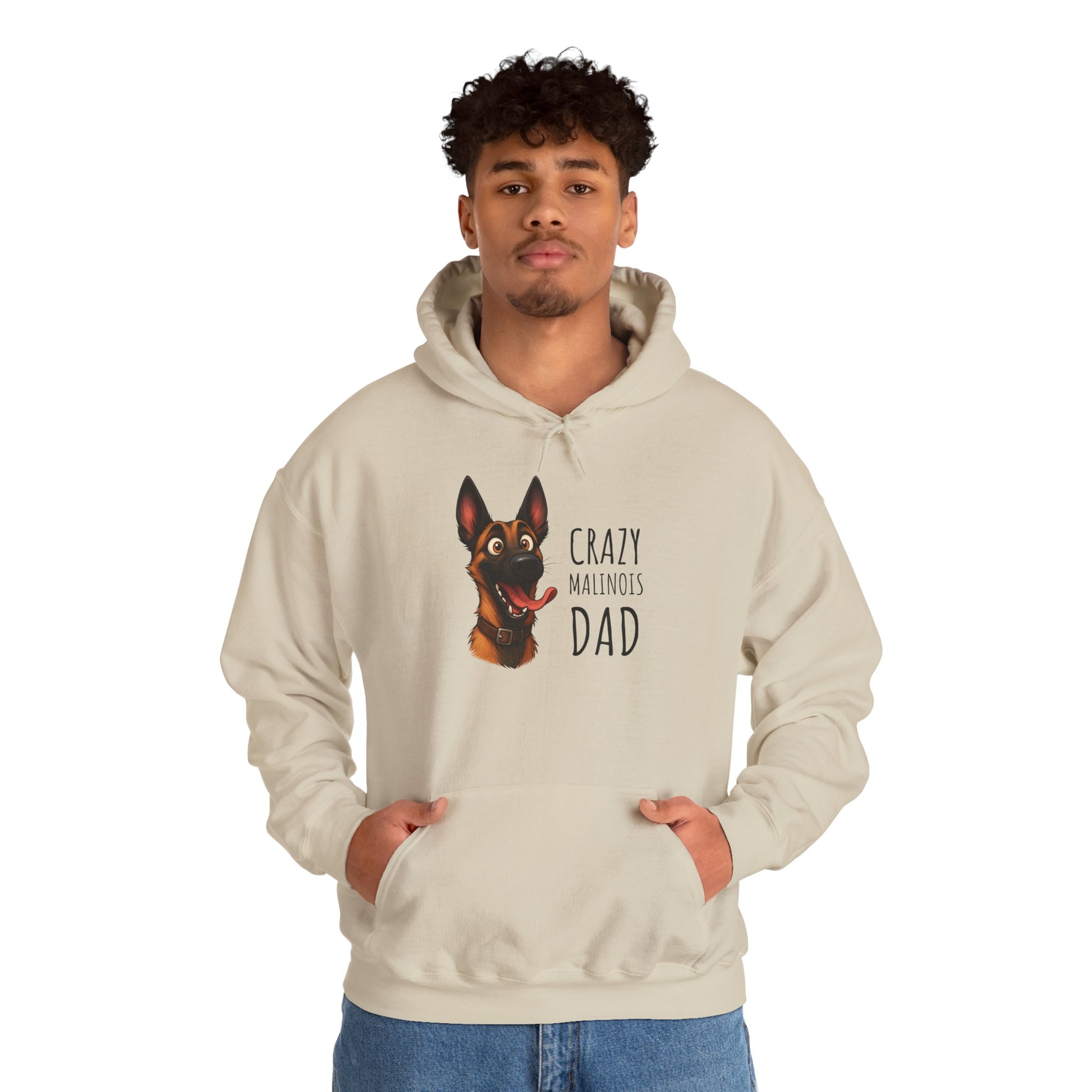 Person wearing a beige hoodie with a dog graphic and text on a white background