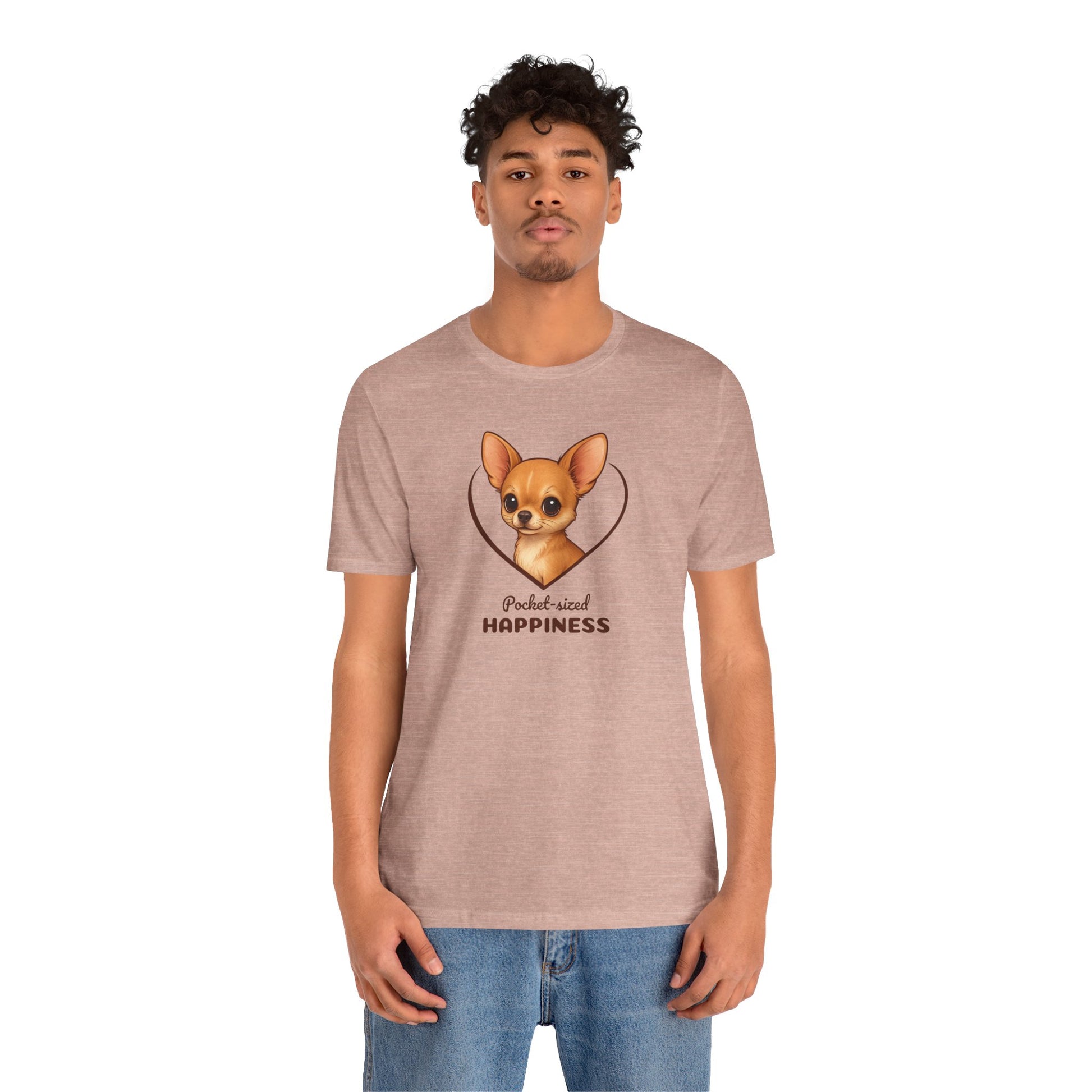 Person wearing a brown t-shirt with a dog graphic and text on a white background