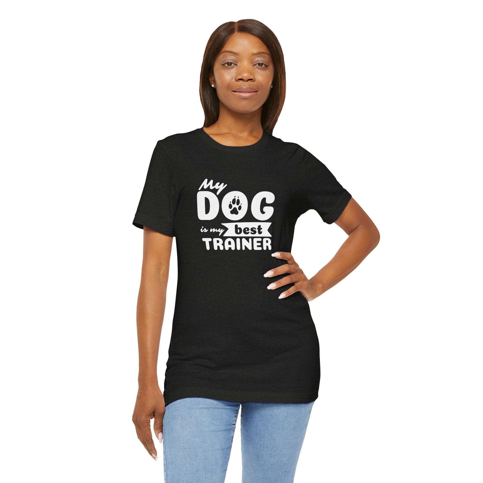 Woman wearing a black t-shirt with 'My dog is my best trainer' text on a white background