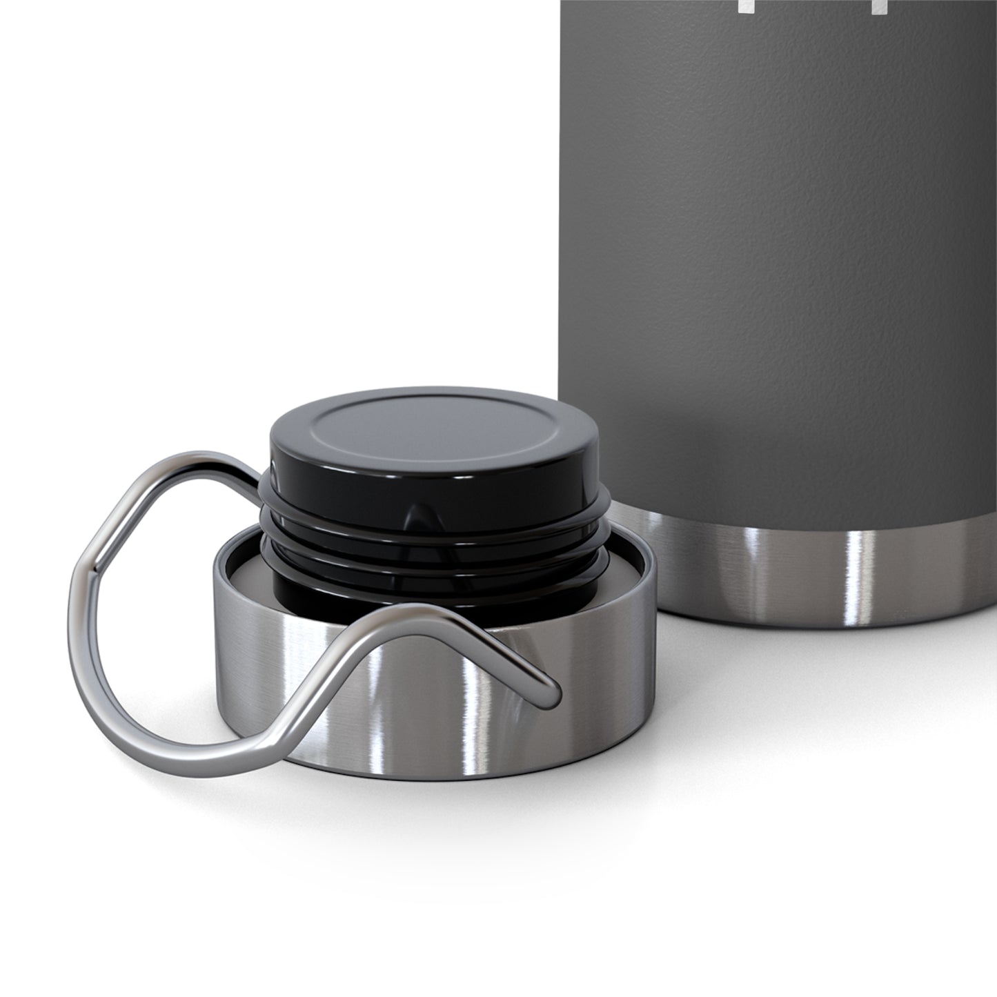 Close-up of a silver and black thermos with a carabiner on a white background