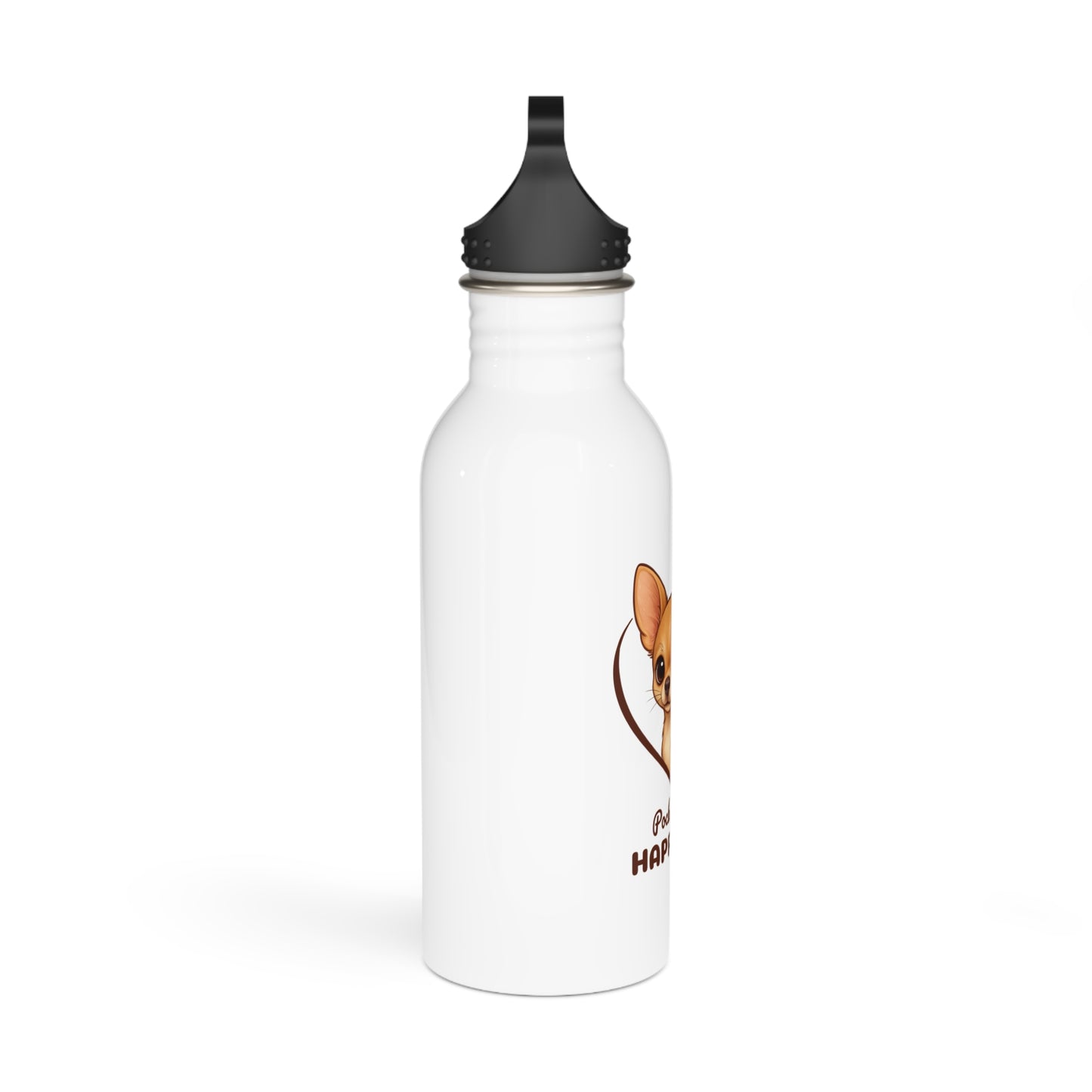 White water bottle with black lid featuring a dog graphic and text on a white background
