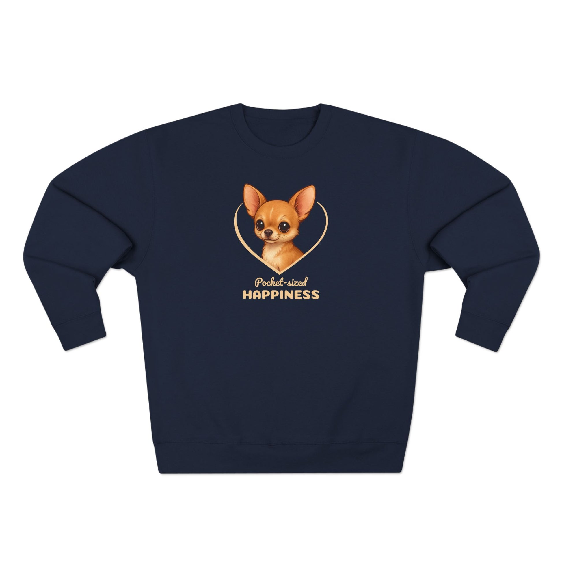 Navy blue sweatshirt with a dog graphic and text on a white background