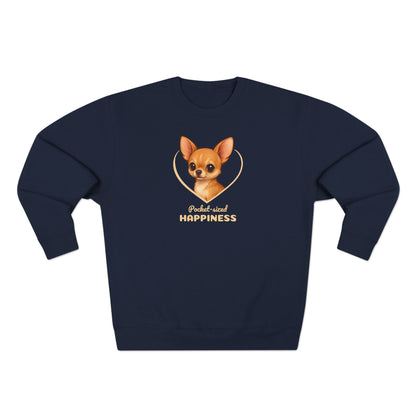 Navy blue sweatshirt with a dog graphic and text on a white background