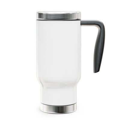 White travel mug with a black handle on a white background
