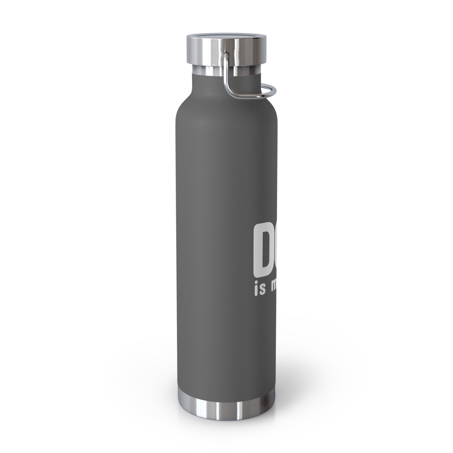 Gray water bottle with silver cap on a white background