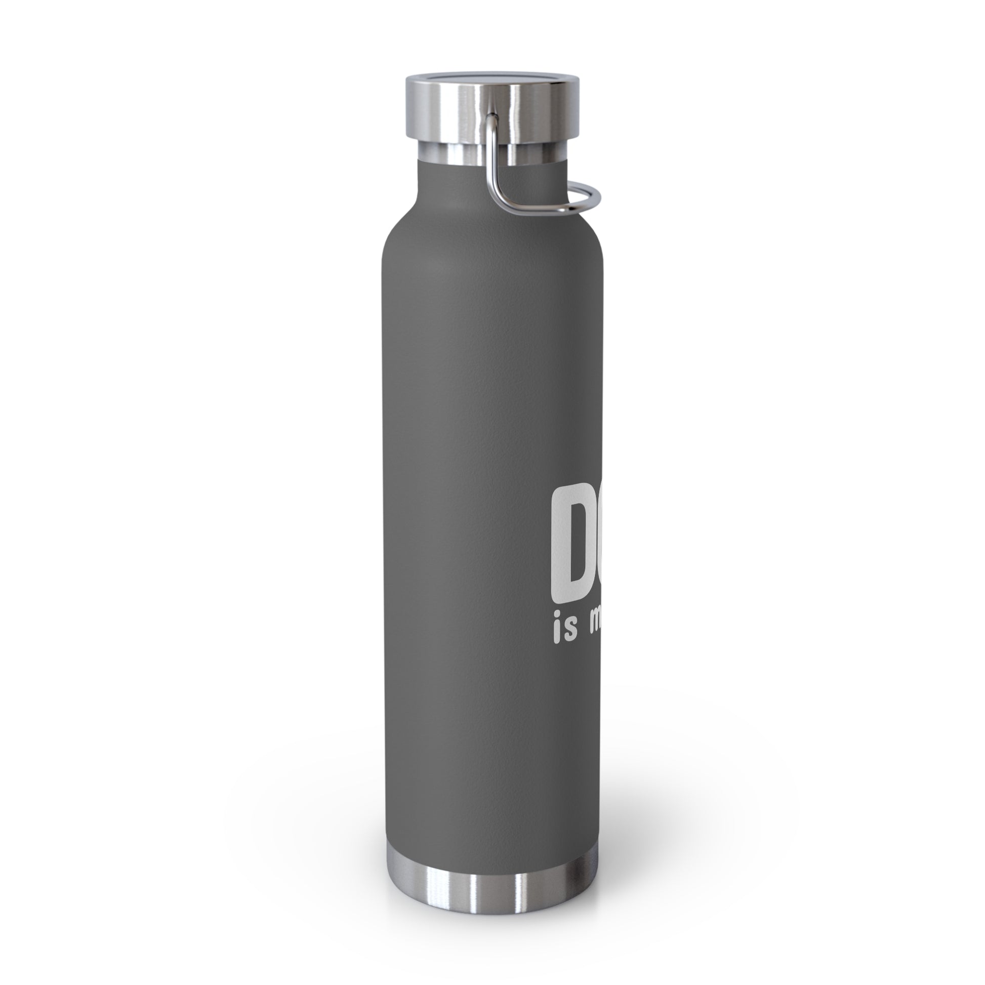 Gray water bottle with silver cap on a white background