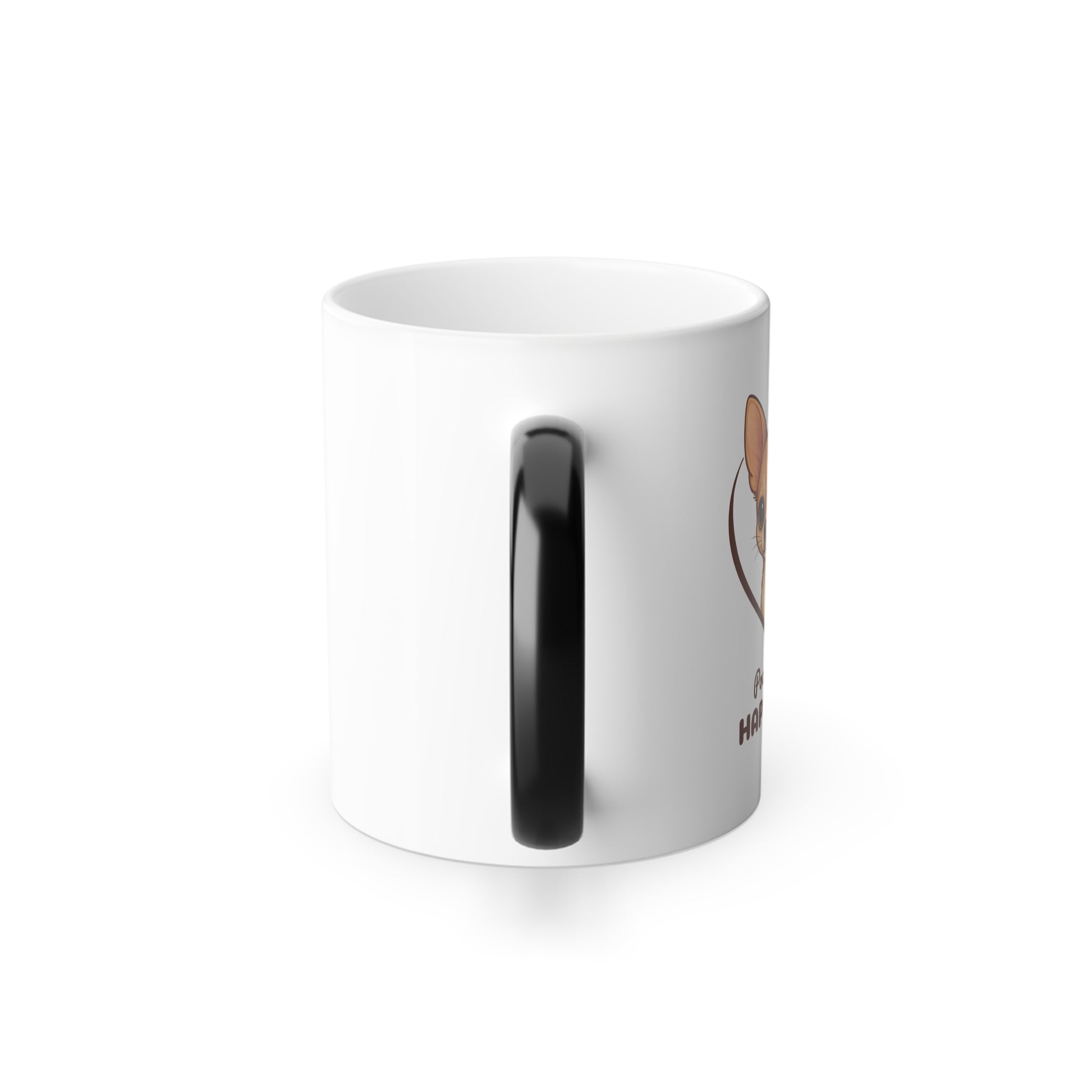 White mug with a black handle on a white background