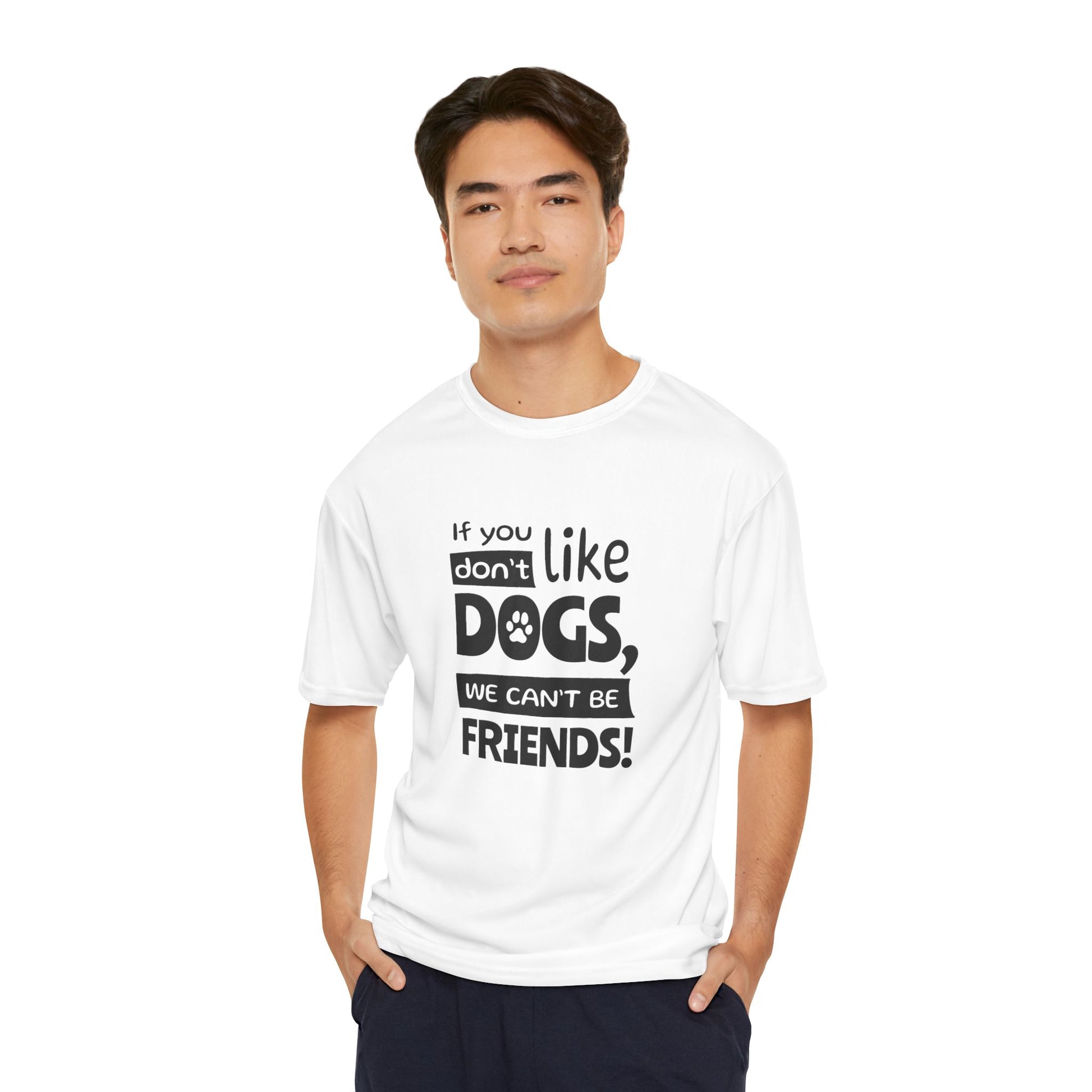 Man wearing a white t-shirt with a humorous text design on a white background