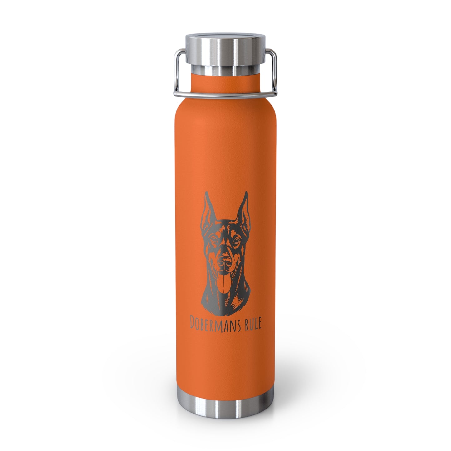 Orange water bottle with a dog illustration and 'Dobermann Rule' text on a white background