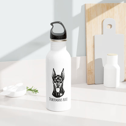White water bottle with black dog illustration and 'Dobermans Rule' text on a white surface.