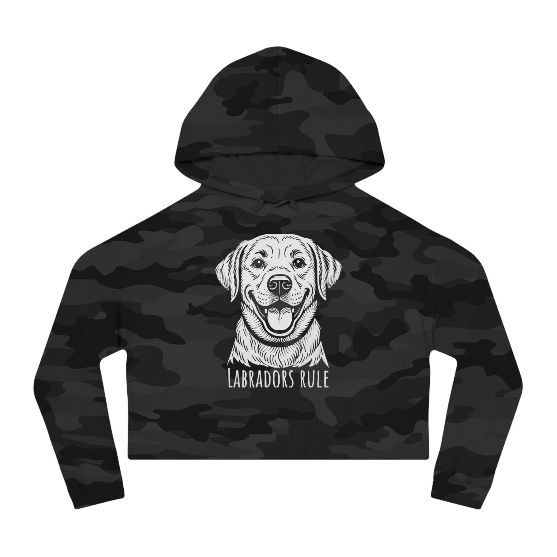 Black camouflage hoodie with a dog graphic and 'Labradors Rule' text on a white background