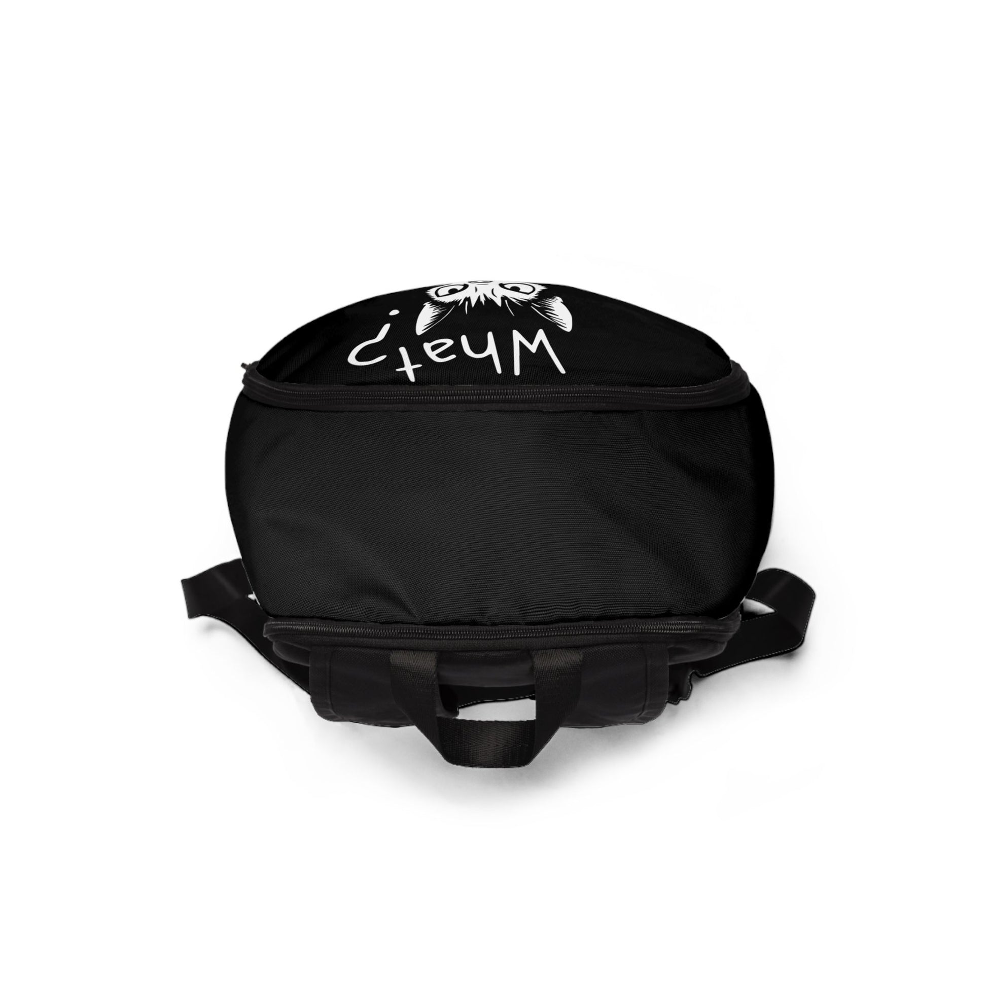Black backpack with white text and design on a white background