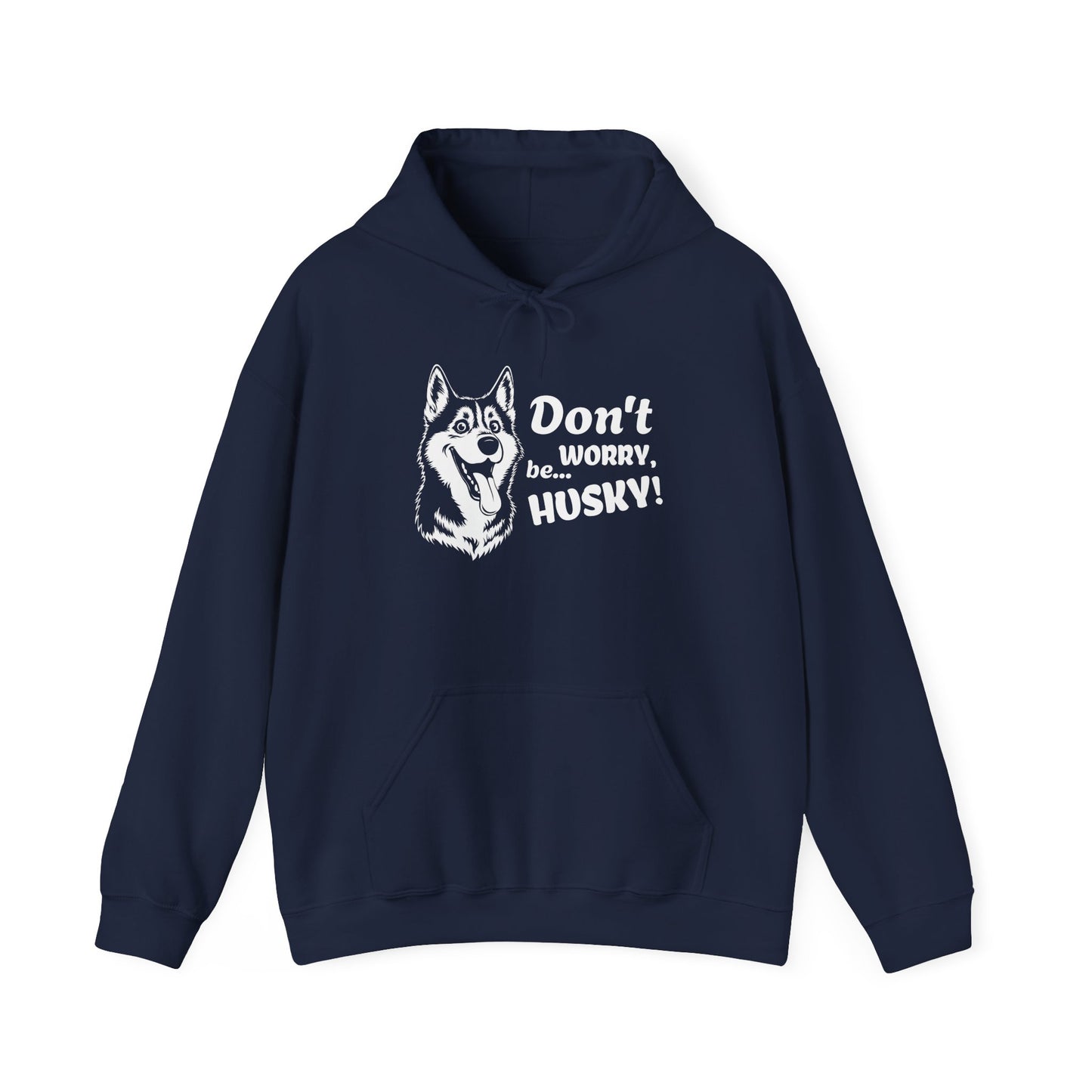 Navy blue hoodie with husky graphic and text on a white background