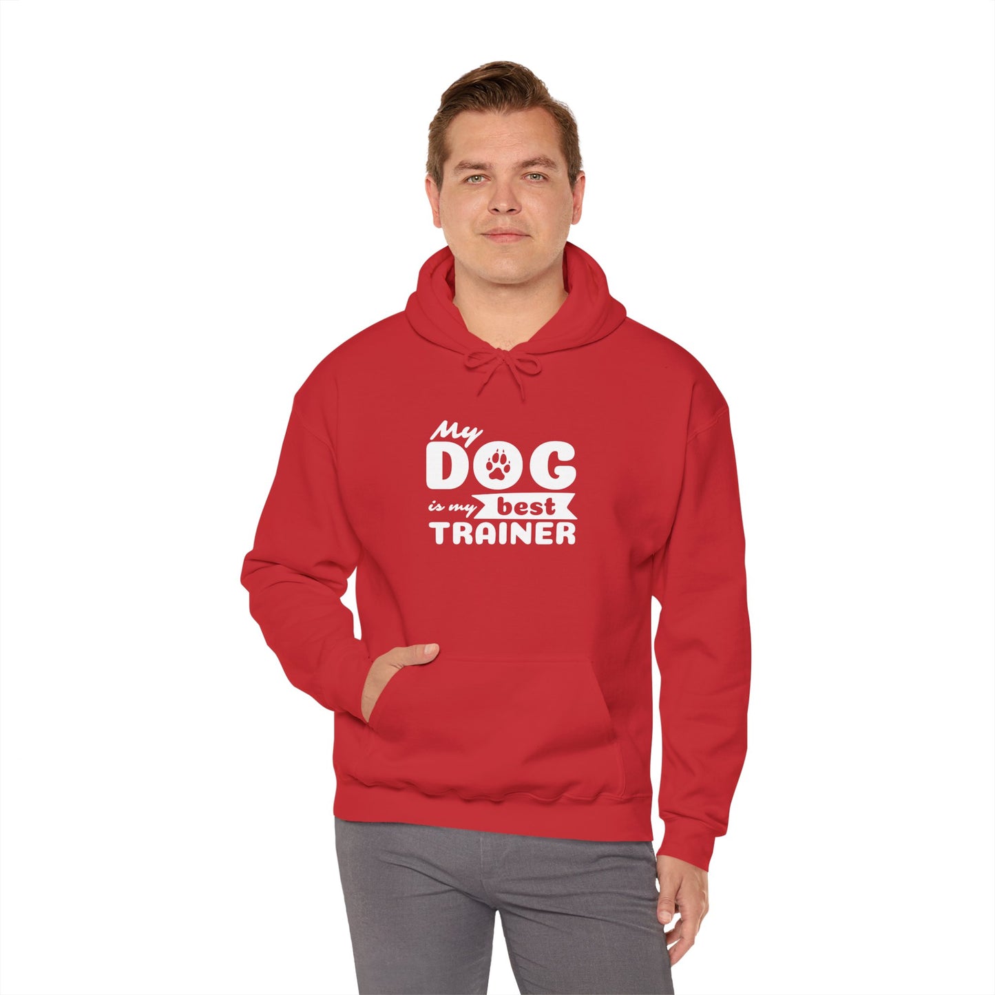 Person wearing a red hoodie with 'My dog is my best trainer' text on a white background
