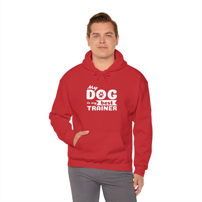 Person wearing a red hoodie with 'My dog is my best trainer' text on a white background