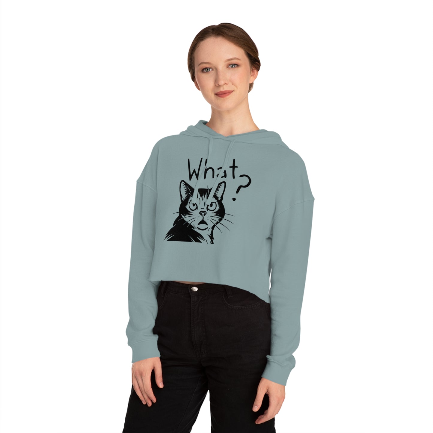 Person wearing a light blue hoodie with a cat graphic and text on a white background