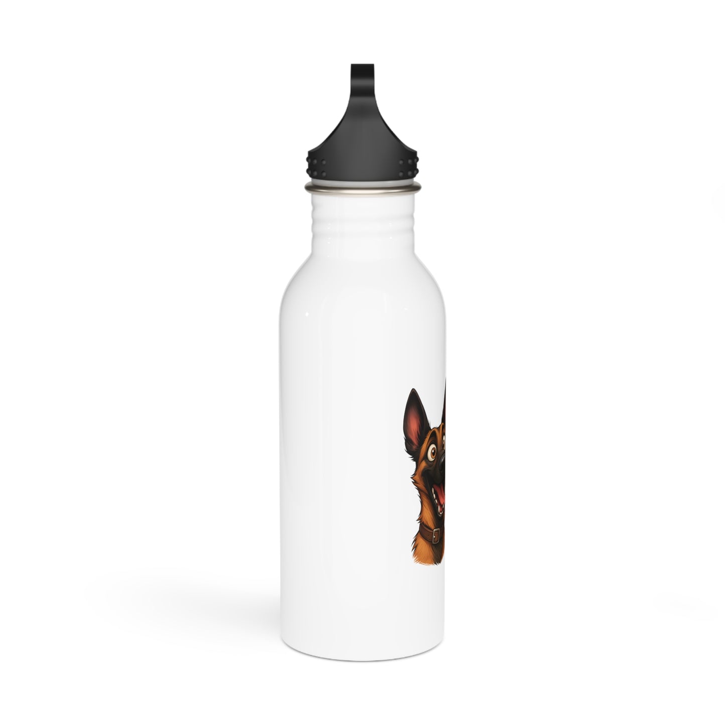 White water bottle with a black lid featuring an illustration of a dog on a white background