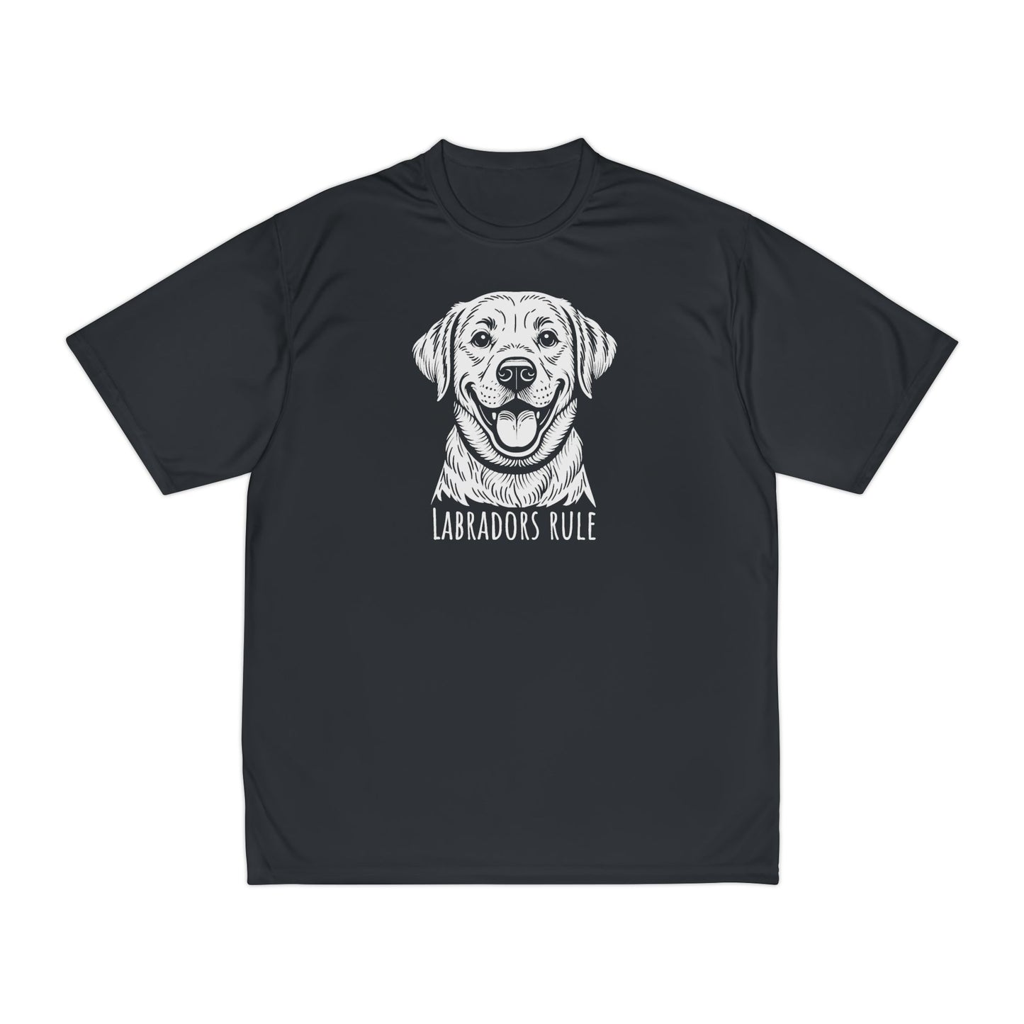 Black t-shirt with a white dog illustration and 'Labradors Rule' text on a white background