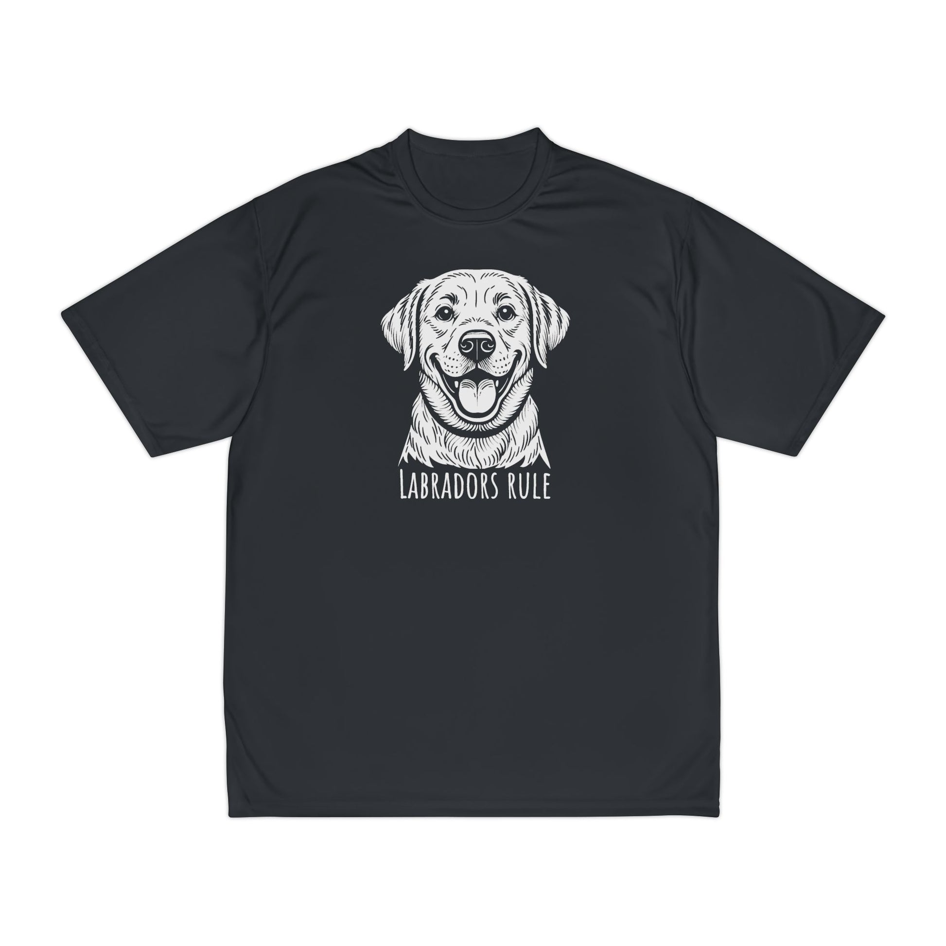 Black t-shirt with a white dog illustration and 'Labradors Rule' text on a white background